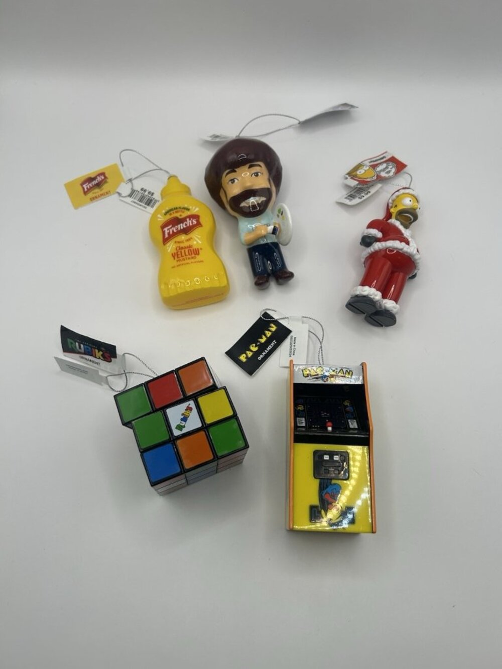 New 2024 French’s Mustard PAC Man Bob Ross Homer Christmas Ornament Set Of 5
